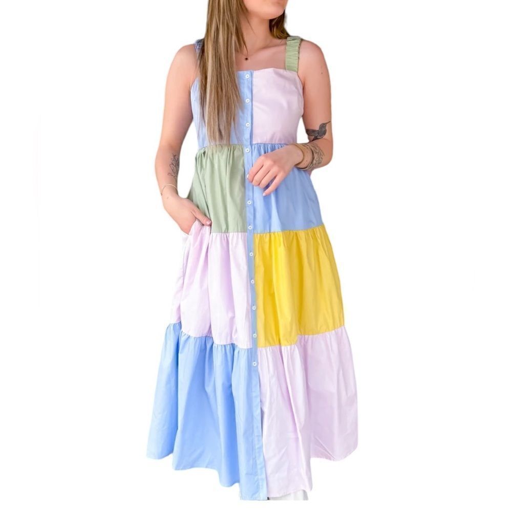 Aureum Hallie Poplin Pastel Color Block Tiered Midi Dress XS